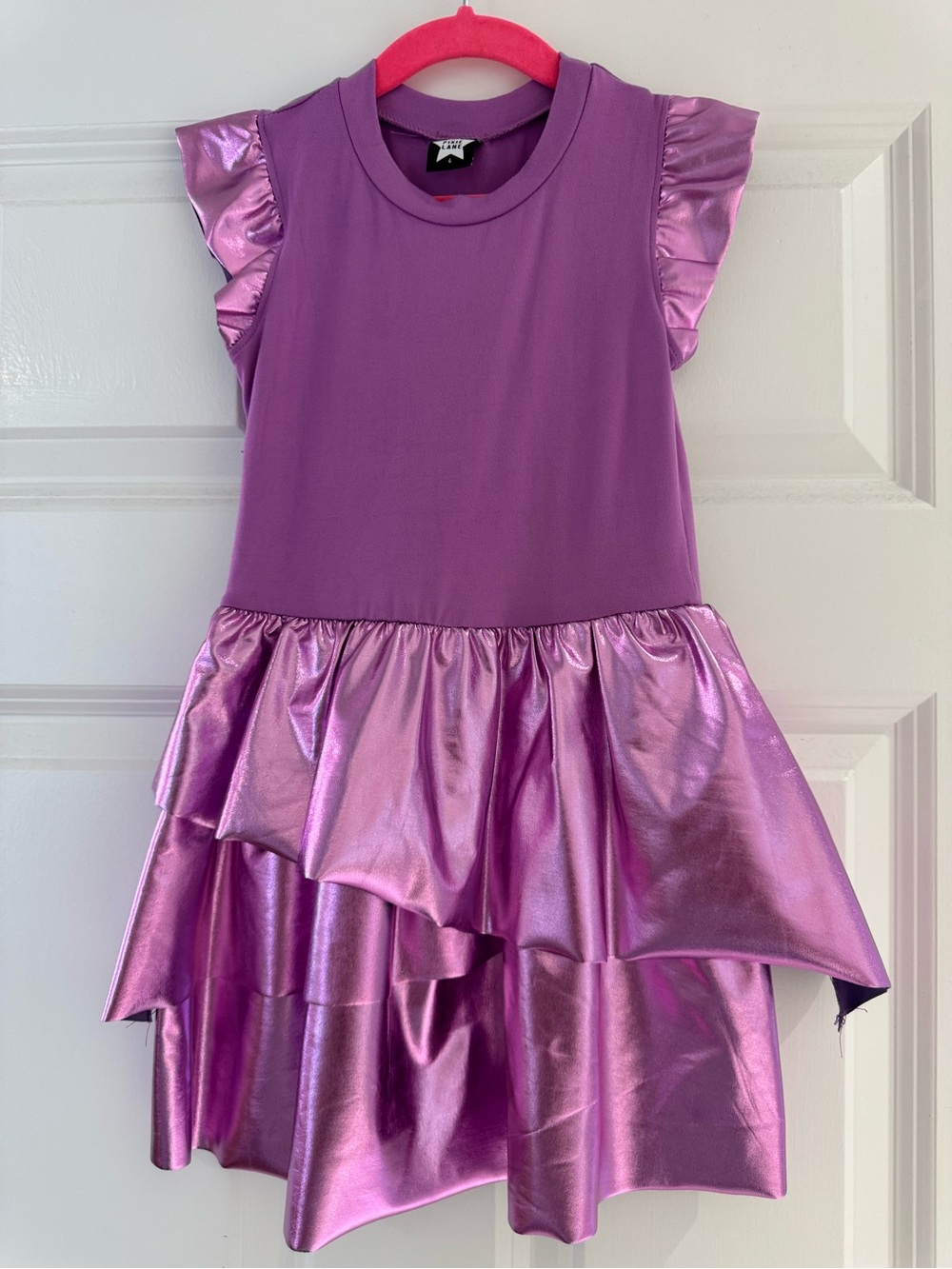Pixielane Girls Purple Metallic Ruffle Hem Formal Dress
